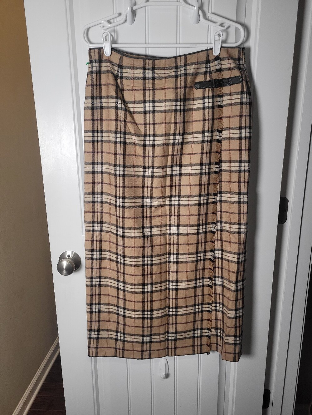 Vintage Rafaella 100% Wool Plaid Tan Midi Skirt - Classic Wrap Style